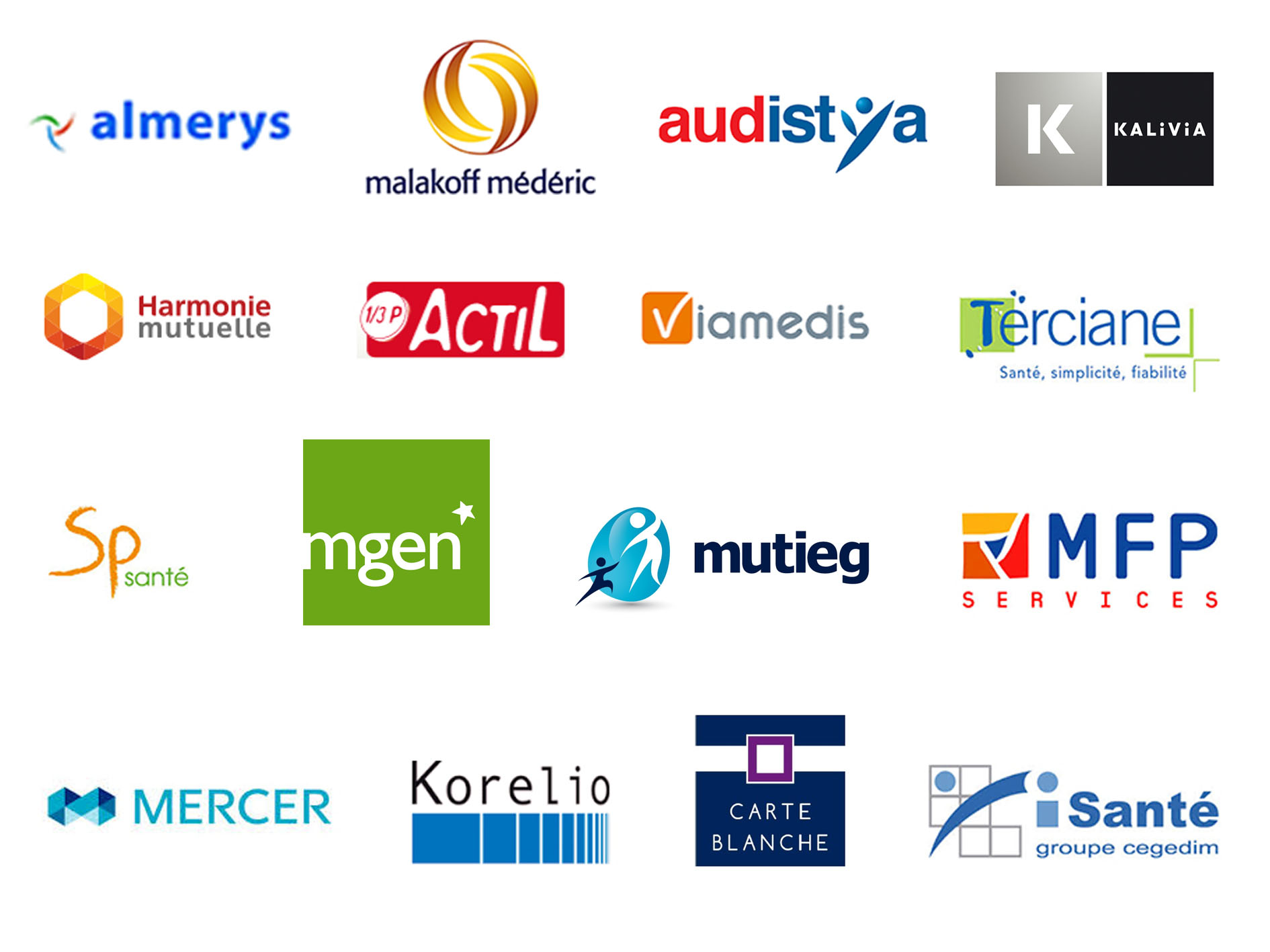 Logos des mutuelles partenaires : Almerys, Malakoff Médéric, Audistya, Kalivia, Harmonie Mutuelle, Viamedis, MGEN, Mutieg, MFP Services, Carte Blanche