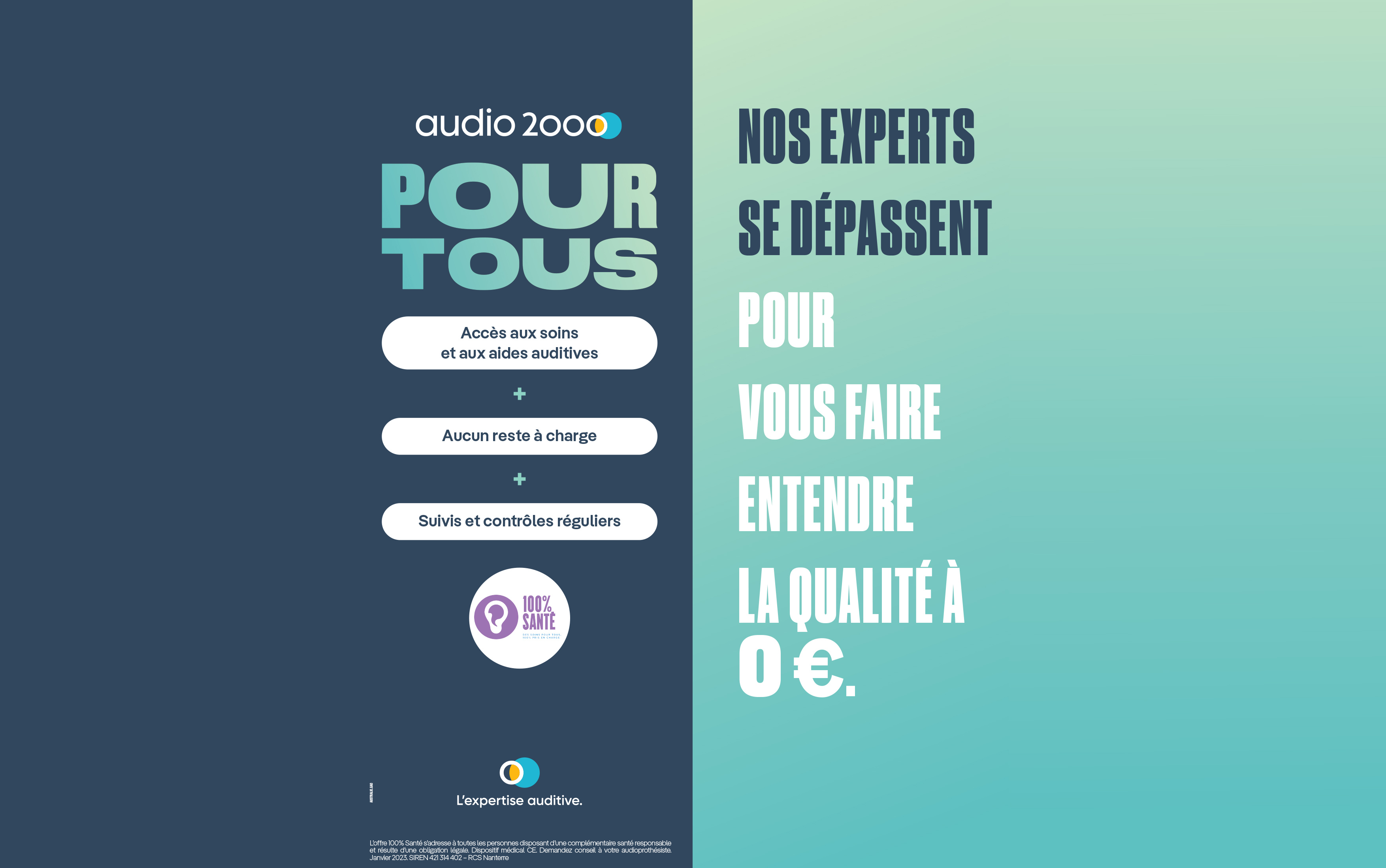 Affiche Audio 2000 « Pour tous » : accès aux soins et aux aides auditives, aucun reste à charge, suivis et contrôles réguliers